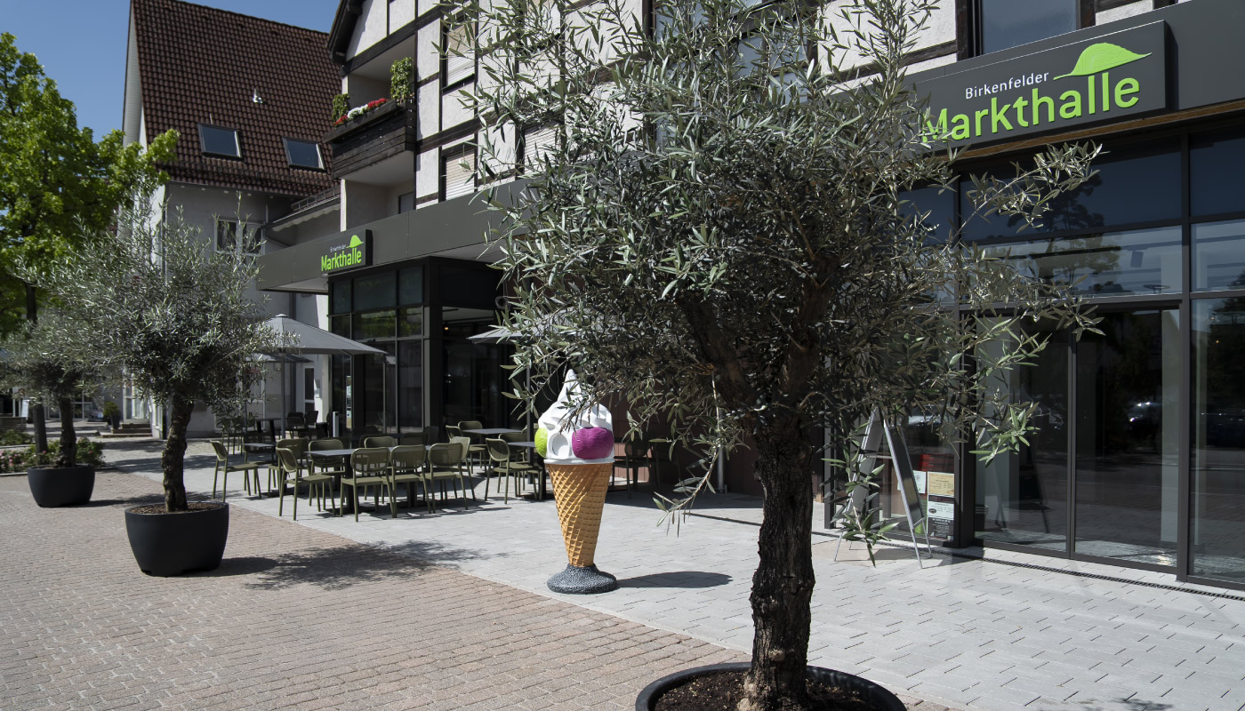 Eingang mit Bäumen der Markthalle Birkenfeld