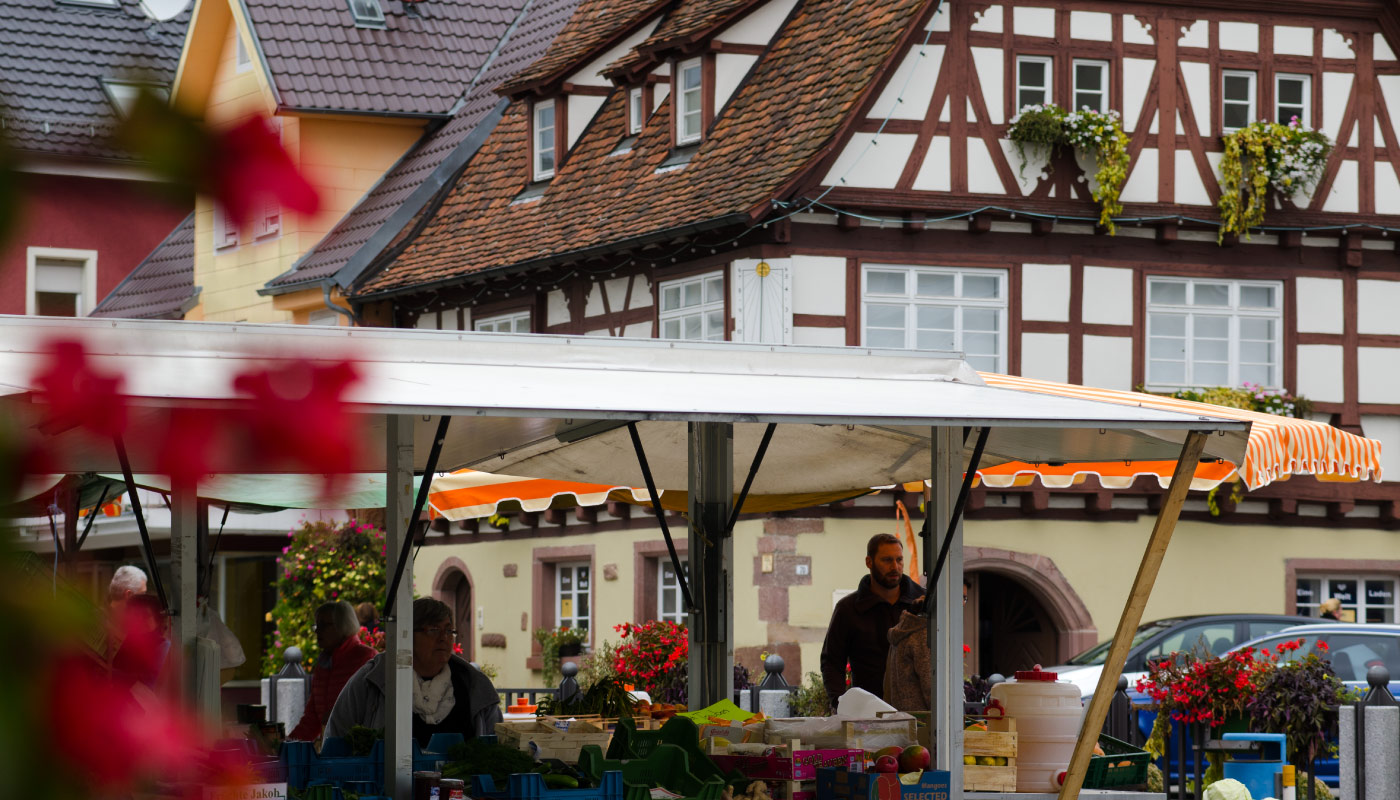 Birkenfeld Marktszene mit bunten Ständen vor Fachwerkhaus und blühenden Blumen