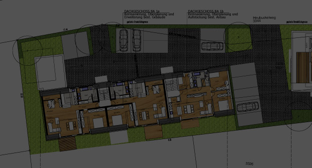 Grundriss eines Wohngebäudes mit mehreren Wohnungen und Außenflächen in Birkenfeld